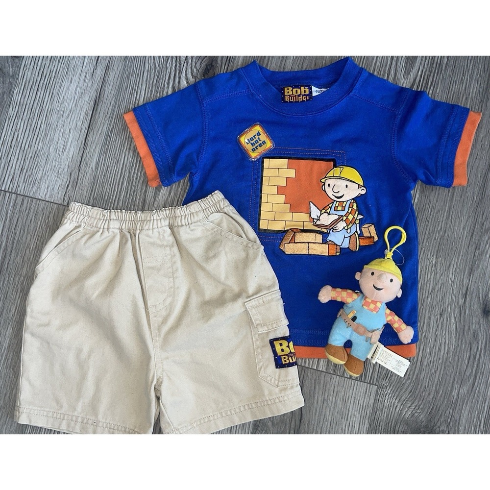 Vintage 2004 Bob The Builder 2 Piece Short Set 24M Embroidered & Plush Zip Coin‎